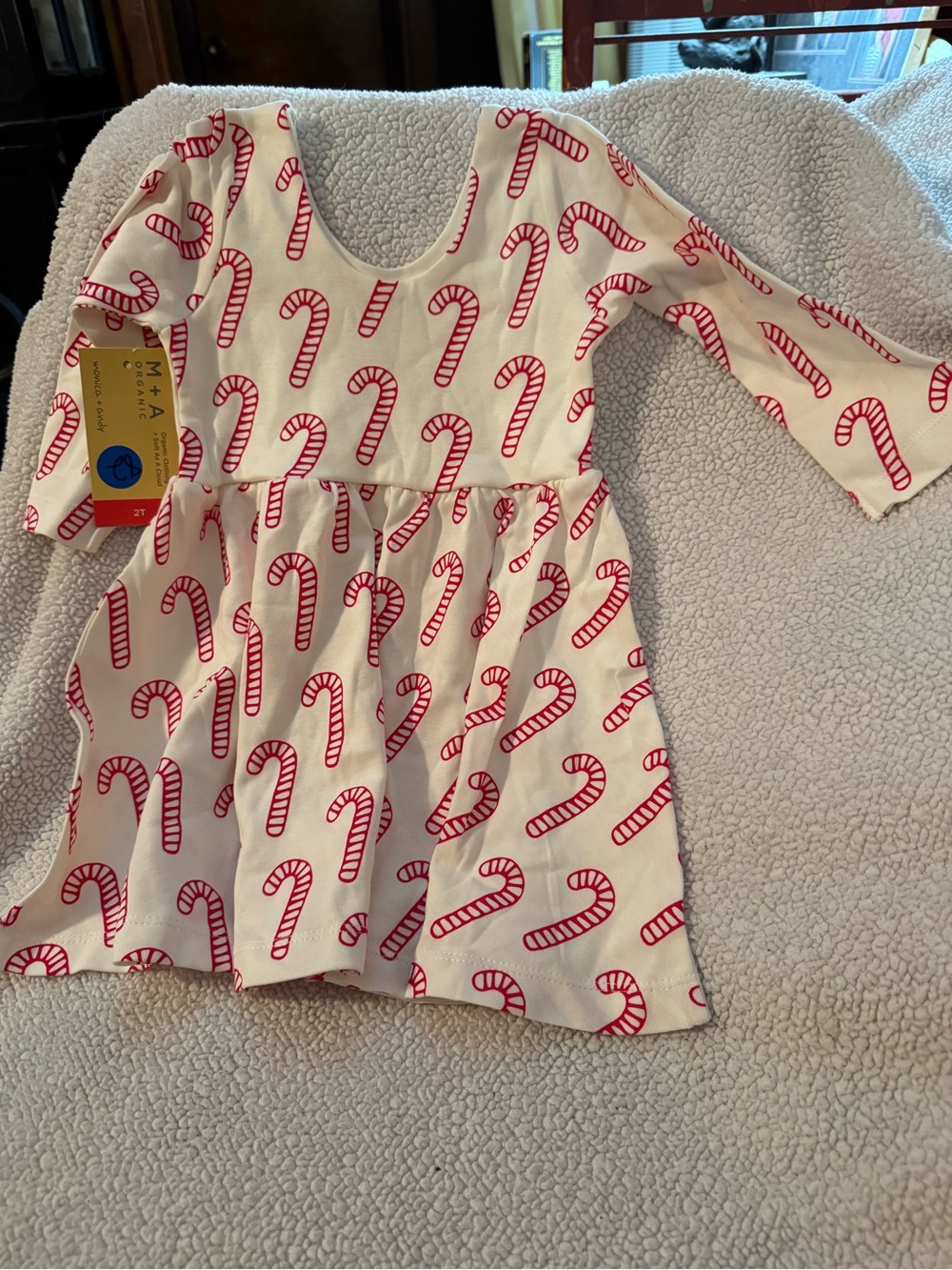 Girls Red Candy Cane Print Long-Sleeve Holiday Dress Size 2T NWT B10